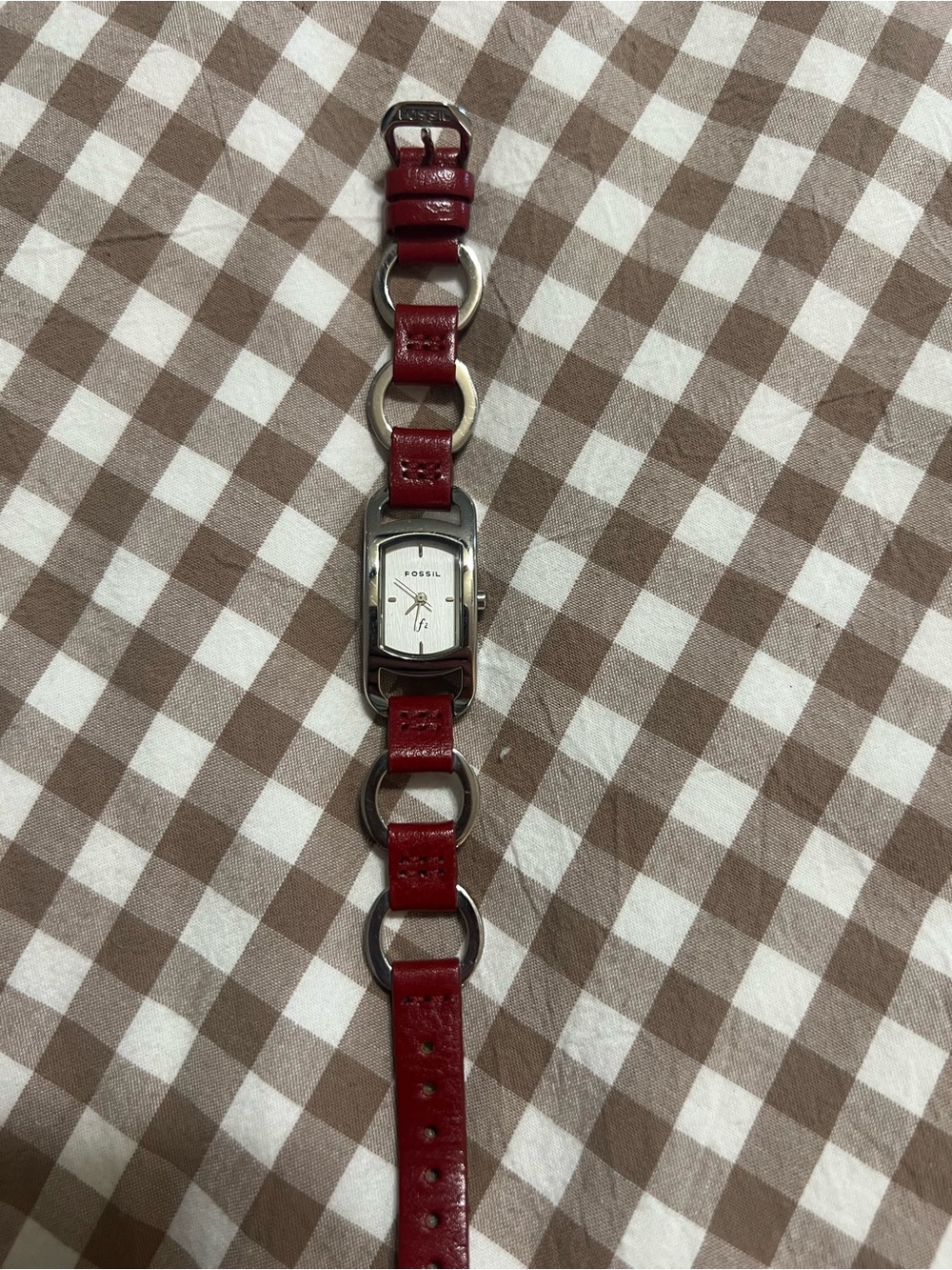 Fossil Red Leather Link Watch with Silver Accents